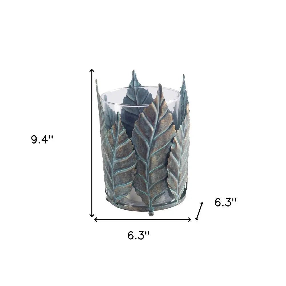 9" Green And Gold Distressed Botanical Leaf Metal And Glass Tabletop Hurricane Candle Holder HomeRoots