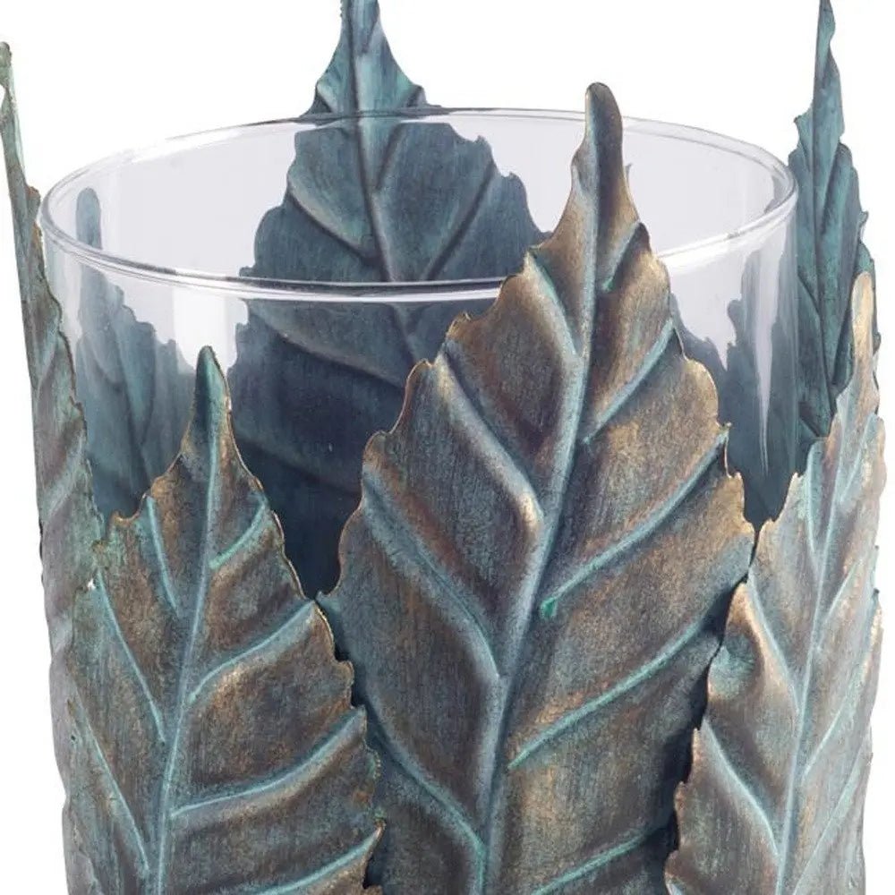 9" Green And Gold Distressed Botanical Leaf Metal And Glass Tabletop Hurricane Candle Holder HomeRoots