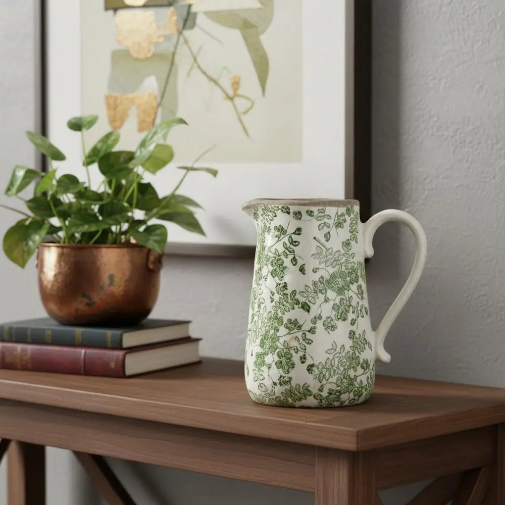 9" Green and White Leaf Round Ceramic Jug Vase With Does Not Apply - NOBLE HOME INTERIORS