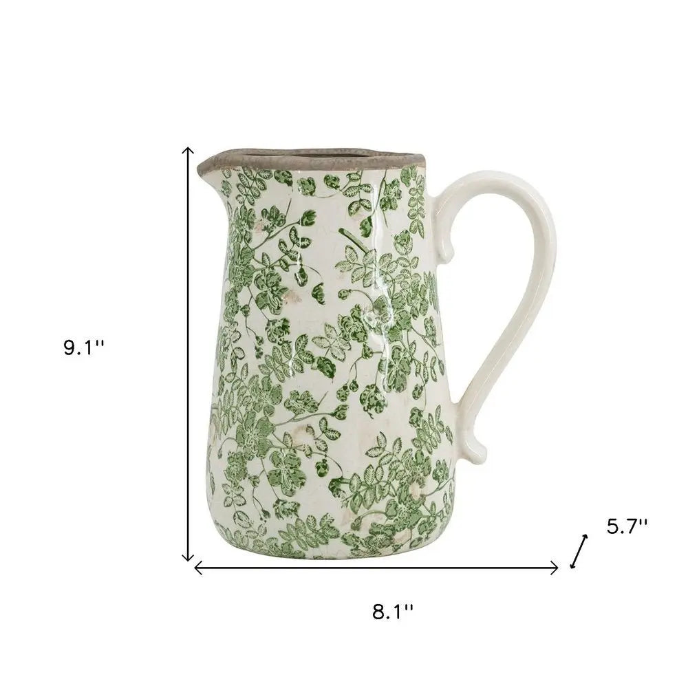 9" Green and White Leaf Round Ceramic Jug Vase With Does Not Apply - NOBLE HOME INTERIORS