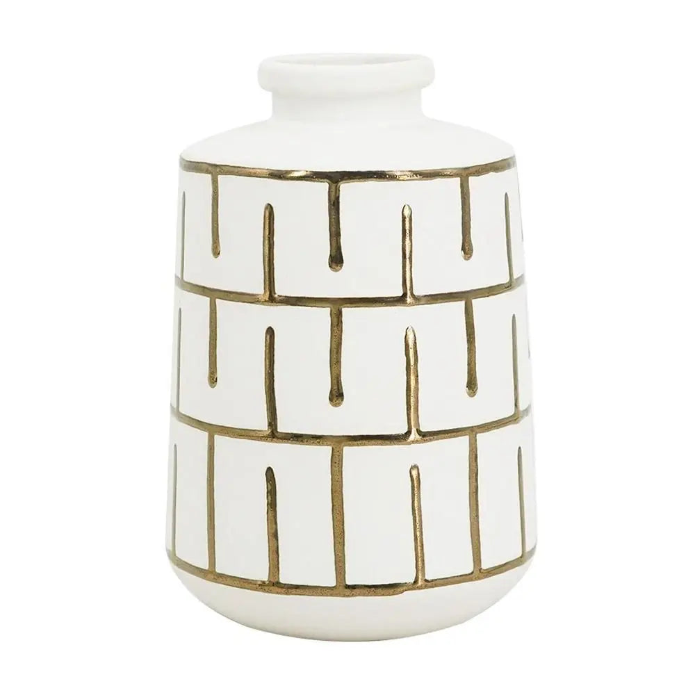 9" Ivory And Gold Geometric Round Ceramic Table Vase - NOBLE HOME INTERIORS