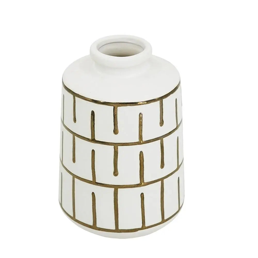9" Ivory And Gold Geometric Round Ceramic Table Vase - NOBLE HOME INTERIORS