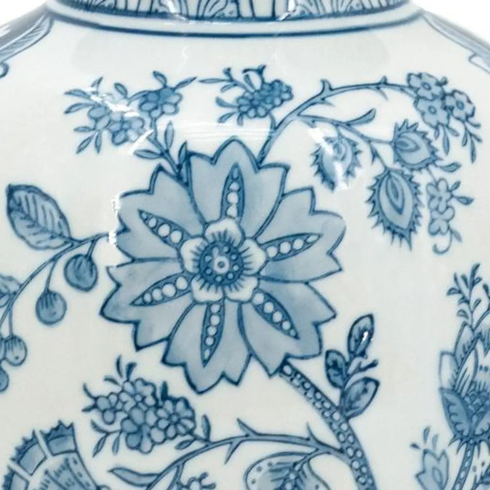 9" Light Blue And White Floral Round Porcelain Jar - NOBLE HOME INTERIORS