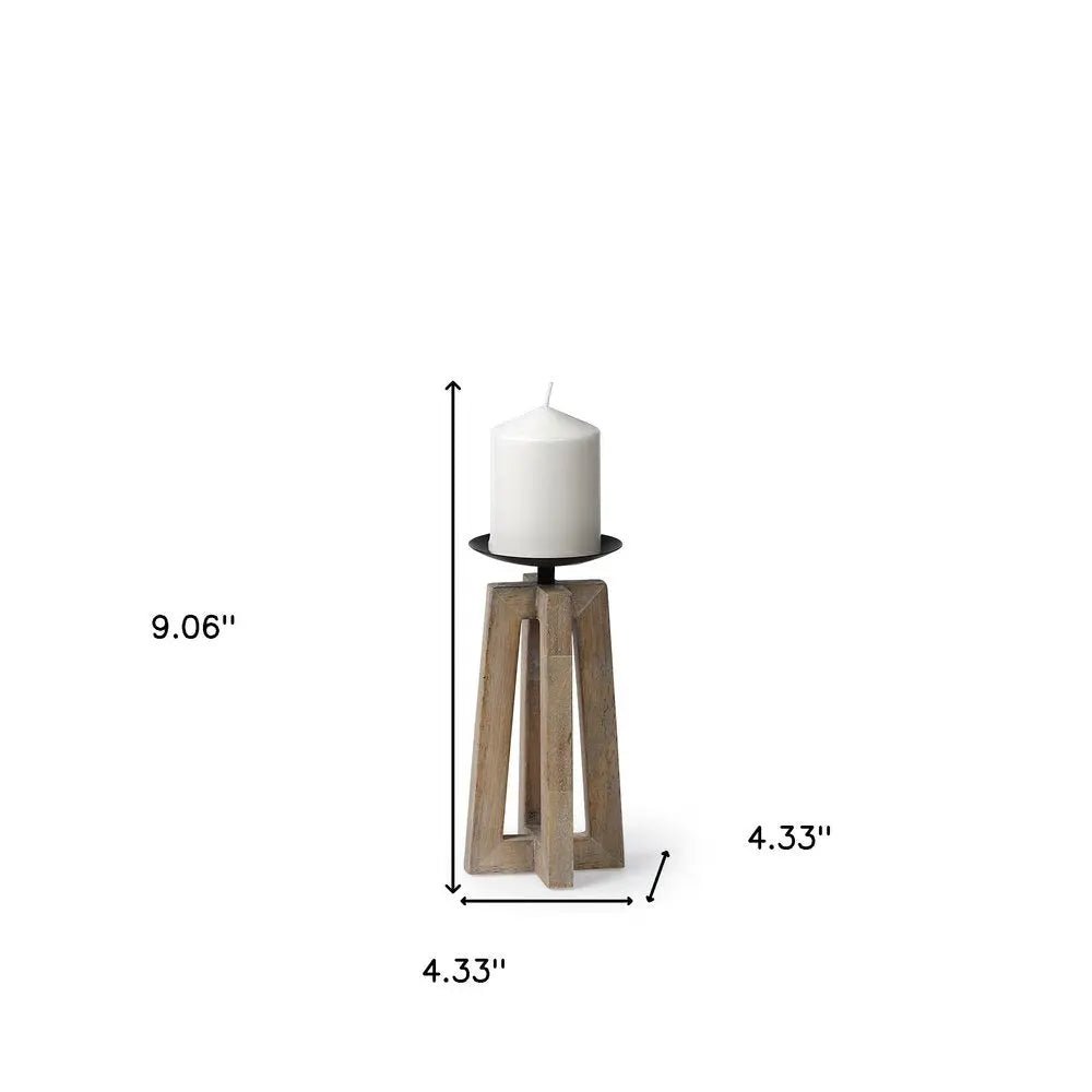 9" Light Brown Distressed Geometric Solid Wood And Metal Tabletop Pillar Candle Holder HomeRoots