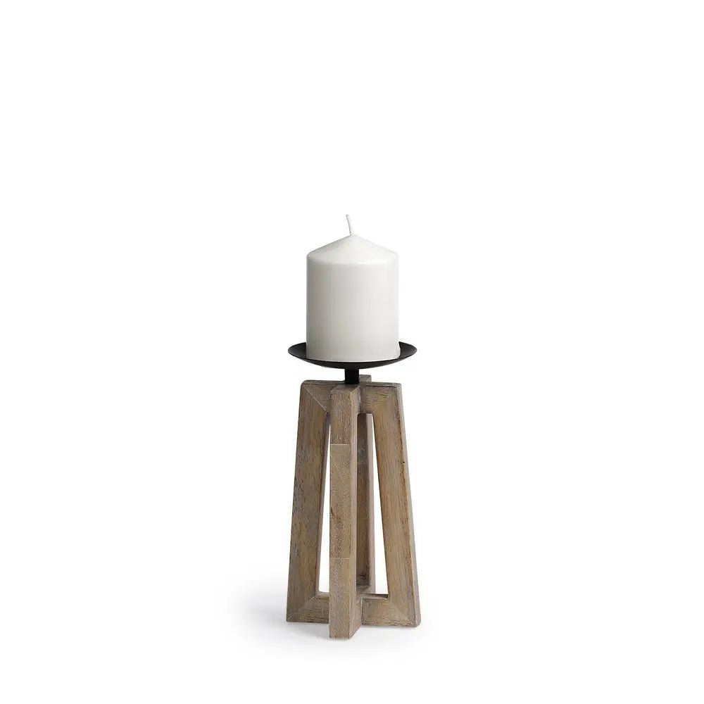 9" Light Brown Distressed Geometric Solid Wood And Metal Tabletop Pillar Candle Holder HomeRoots