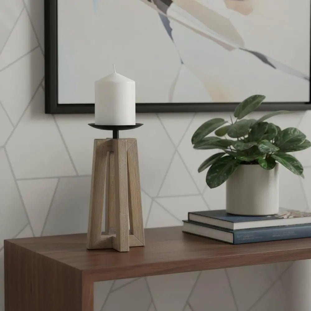 9" Light Brown Distressed Geometric Solid Wood And Metal Tabletop Pillar Candle Holder HomeRoots