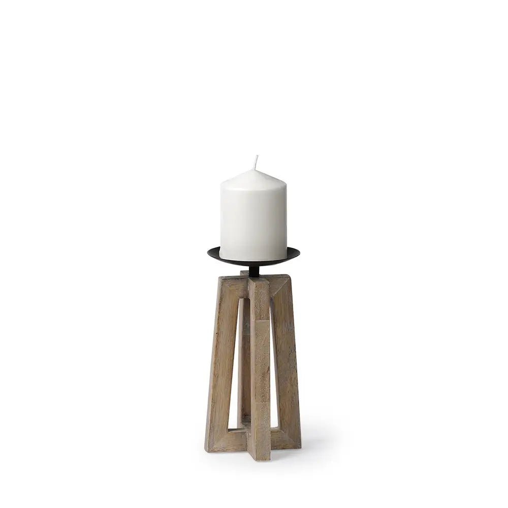 9" Light Brown Distressed Geometric Solid Wood And Metal Tabletop Pillar Candle Holder HomeRoots