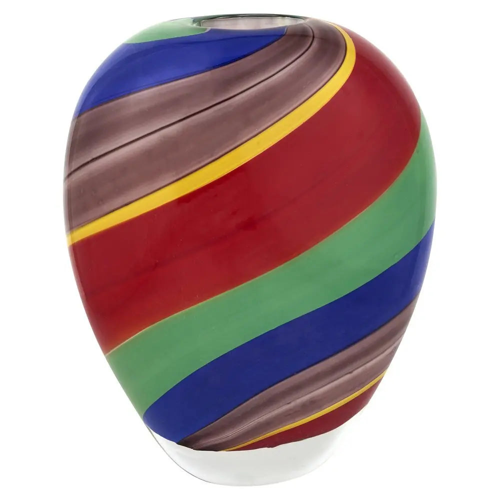 9" Red Blue and Green Striped Round Glass Table Vase - NOBLE HOME INTERIORS