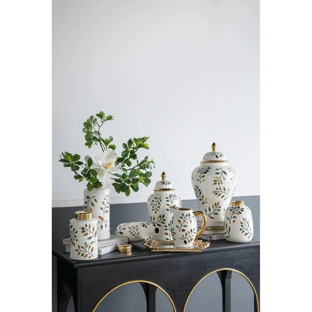 9" White Green And Gold Leaf Round Ceramic Table Vase - NOBLE HOME INTERIORS