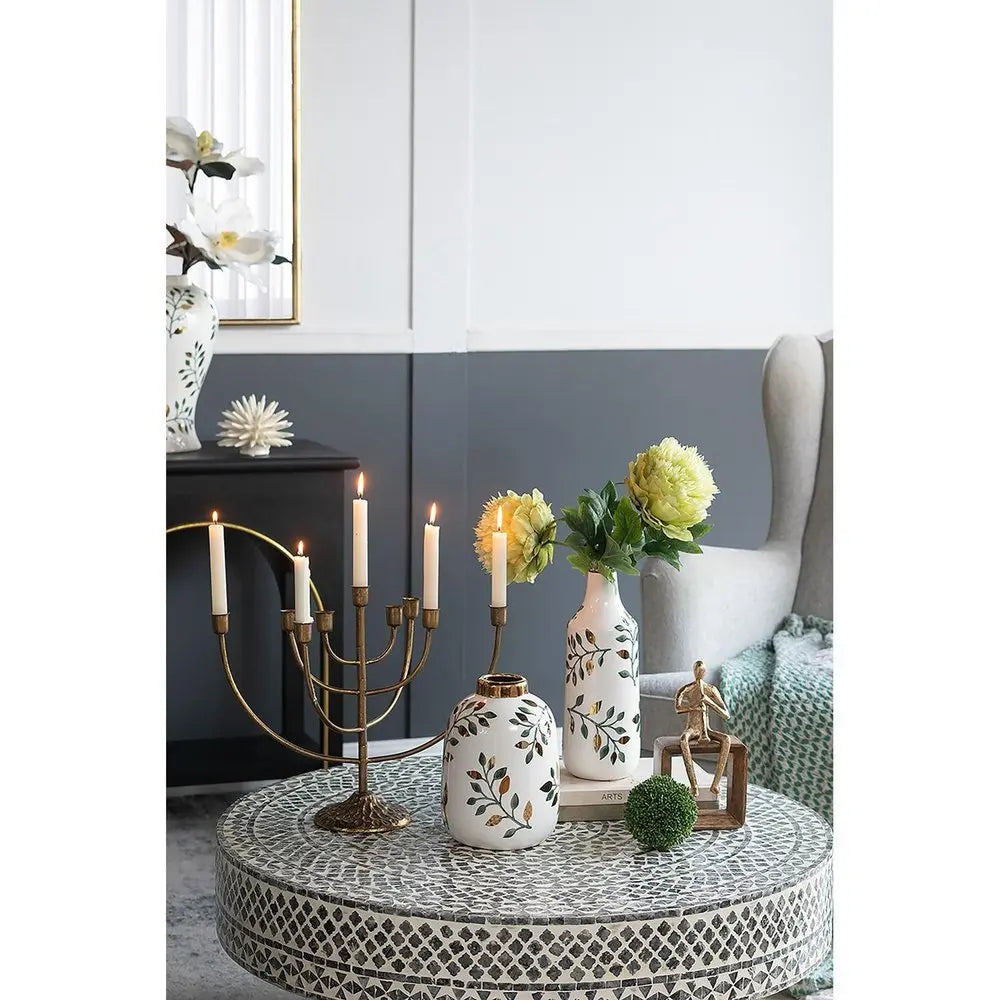 9" White Green And Gold Leaf Round Ceramic Table Vase - NOBLE HOME INTERIORS