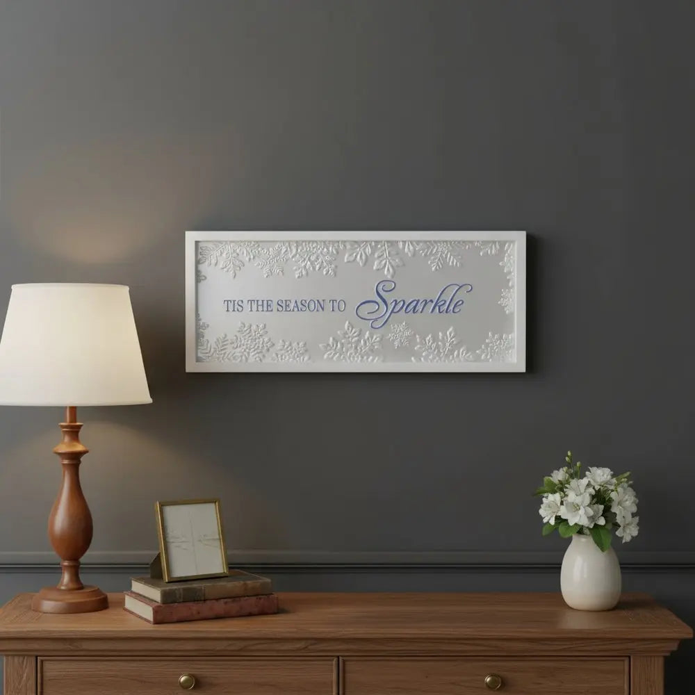 9" X 20" White And Blue Christmas Snowflake Tis The Season Wood Framed Art - NOBLE HOME INTERIORS