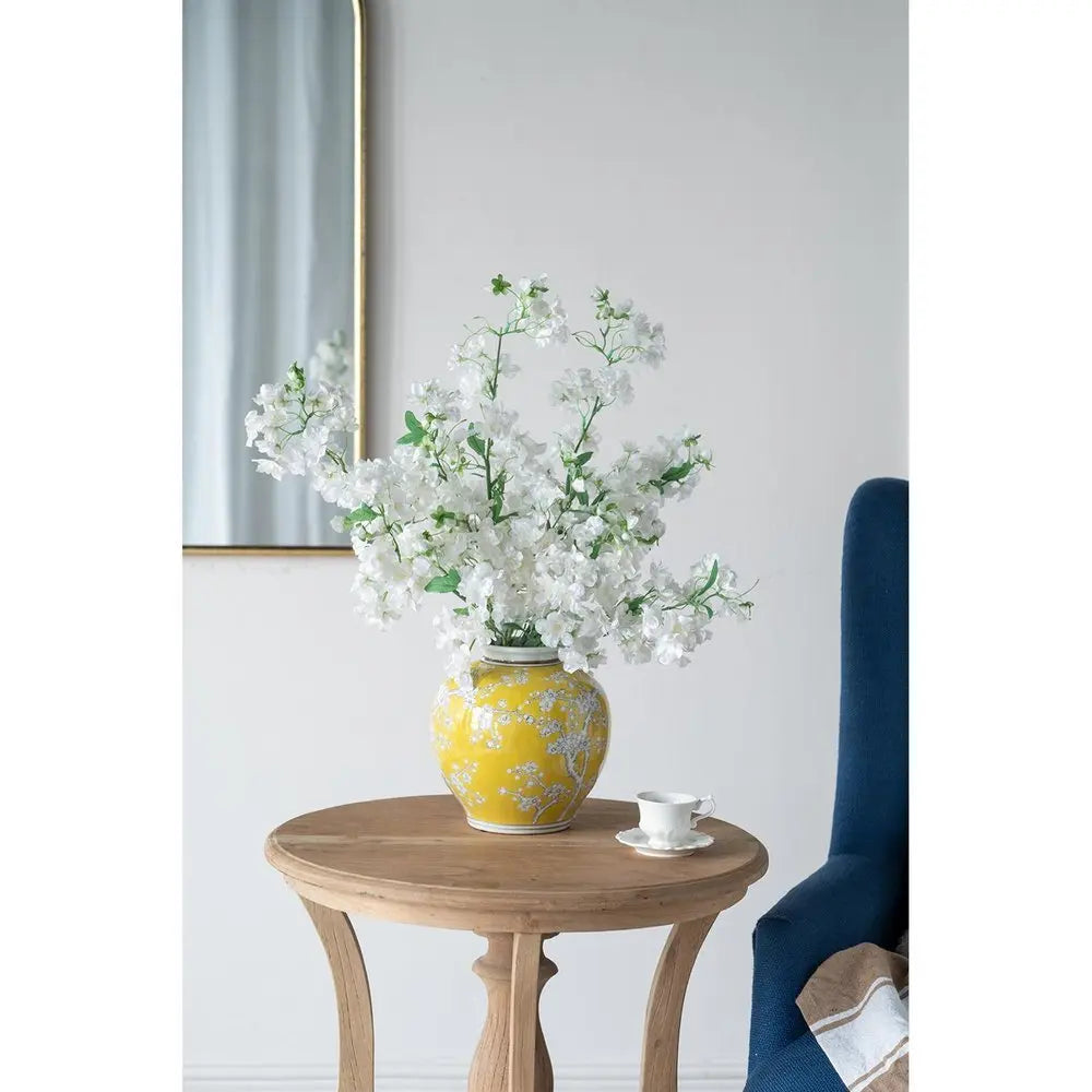 9" Yellow And White Floral Round Porcelain Table Vase - NOBLE HOME INTERIORS