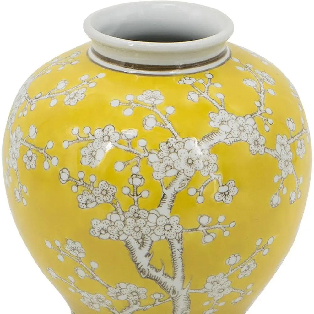 9" Yellow And White Floral Round Porcelain Table Vase - NOBLE HOME INTERIORS
