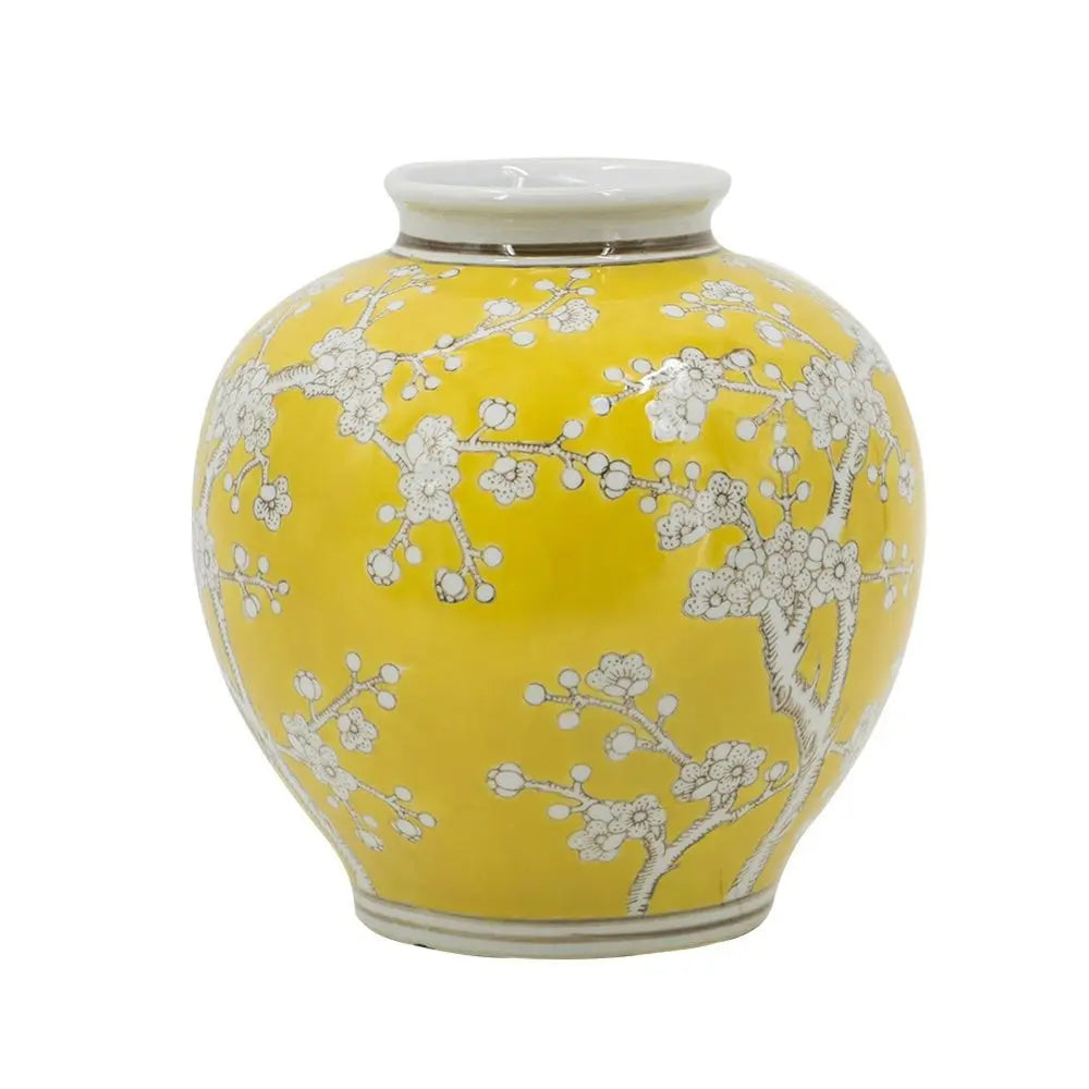 9" Yellow And White Floral Round Porcelain Table Vase - NOBLE HOME INTERIORS