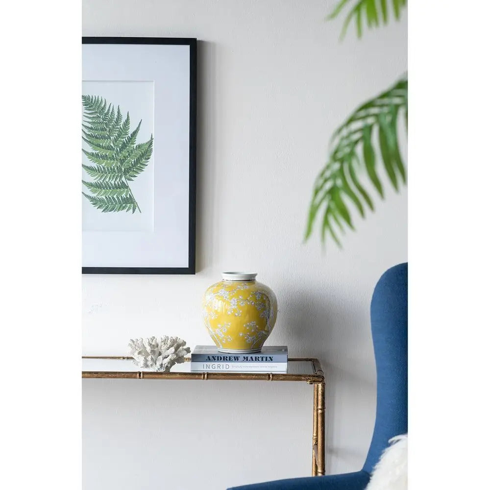 9" Yellow And White Floral Round Porcelain Table Vase - NOBLE HOME INTERIORS