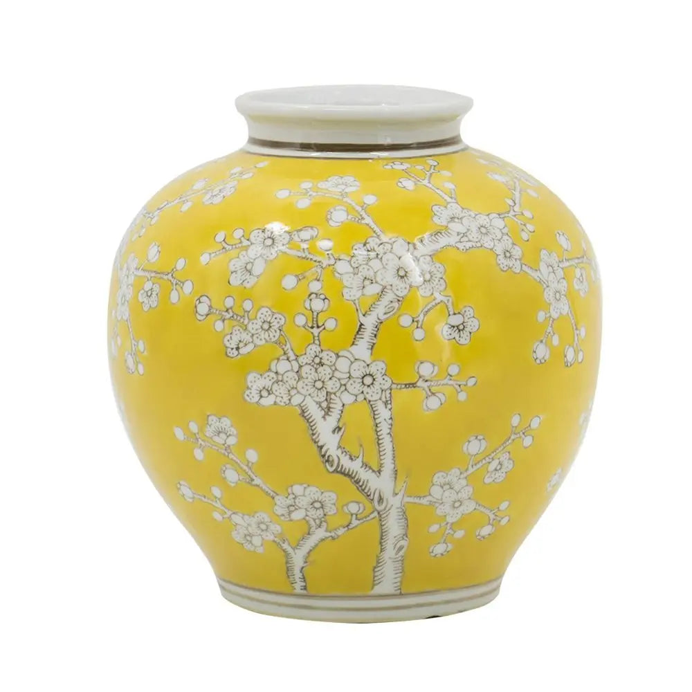 9" Yellow And White Floral Round Porcelain Table Vase - NOBLE HOME INTERIORS