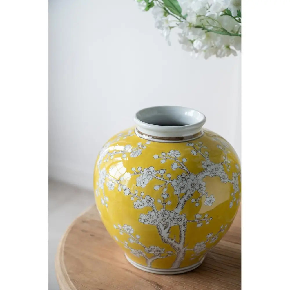 9" Yellow And White Floral Round Porcelain Table Vase - NOBLE HOME INTERIORS
