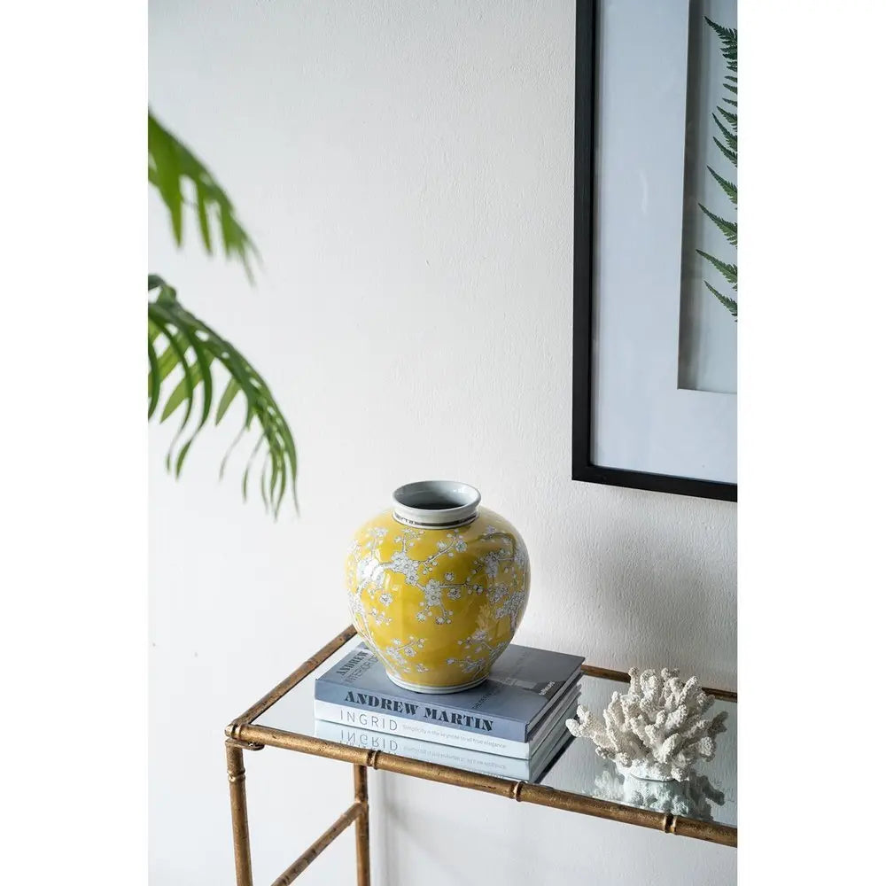 9" Yellow And White Floral Round Porcelain Table Vase - NOBLE HOME INTERIORS