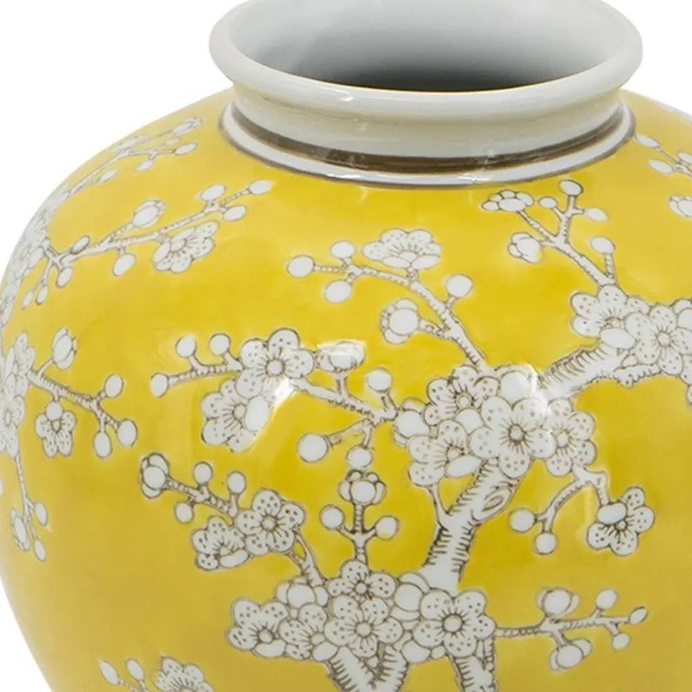 9" Yellow And White Floral Round Porcelain Table Vase - NOBLE HOME INTERIORS