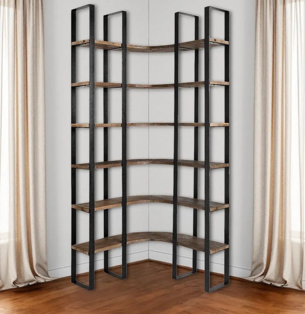 90" Black And Brown Iron and Wood Six Tier Bookcase HomeRoots