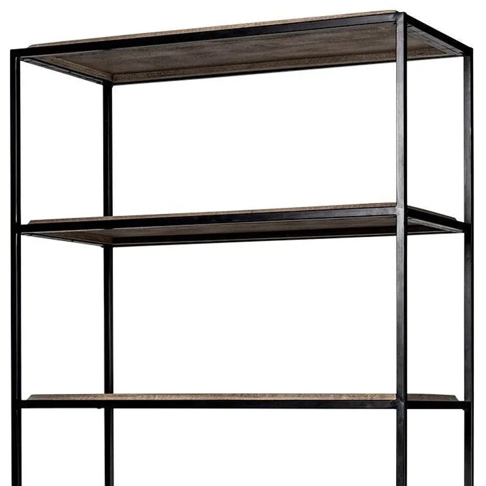 90" Brown Iron and Wood Three Tier Bookcase HomeRoots