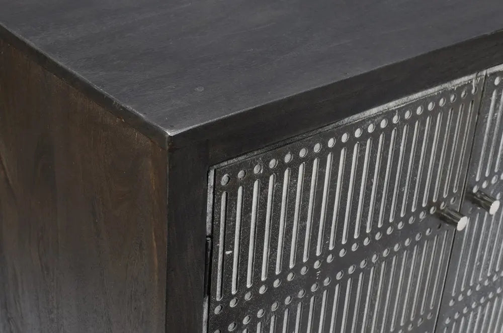 92" Dark Brown Carved Geometric Distressed Solid Wood Enclosed and Open Storage TV Stand - NOVA HOME FURNITURE