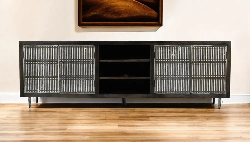 92" Dark Brown Carved Geometric Distressed Solid Wood Enclosed and Open Storage TV Stand - NOVA HOME FURNITURE