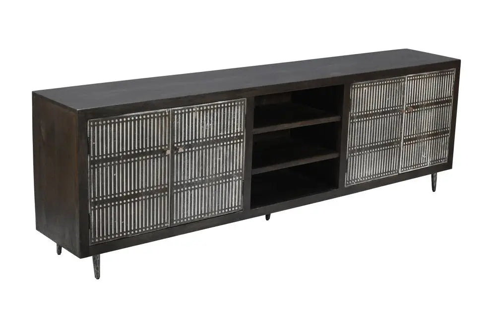 92" Dark Brown Carved Geometric Distressed Solid Wood Enclosed and Open Storage TV Stand - NOVA HOME FURNITURE