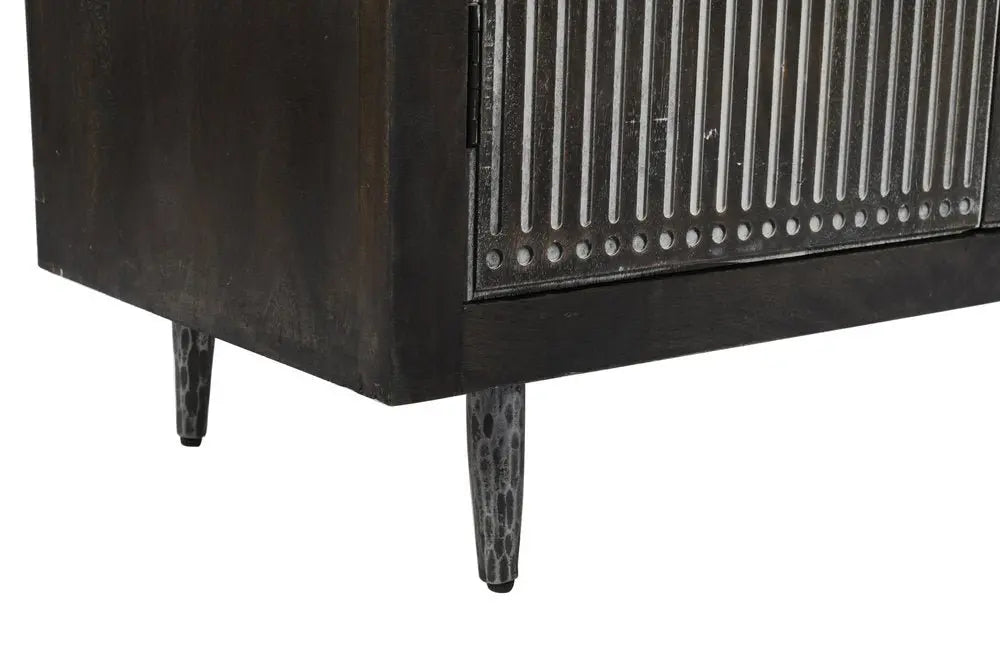 92" Dark Brown Carved Geometric Distressed Solid Wood Enclosed and Open Storage TV Stand - NOVA HOME FURNITURE