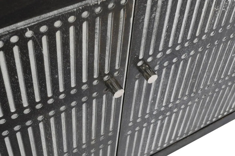 92" Dark Brown Carved Geometric Distressed Solid Wood Enclosed and Open Storage TV Stand - NOVA HOME FURNITURE