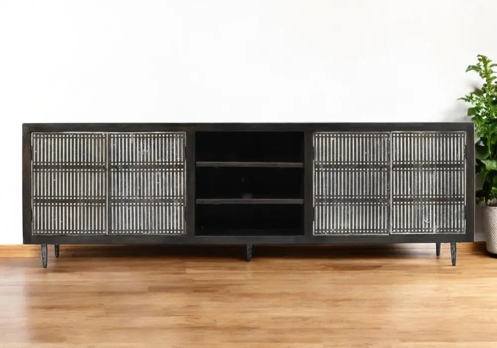 92" Dark Brown Carved Geometric Distressed Solid Wood Enclosed and Open Storage TV Stand - NOVA HOME FURNITURE