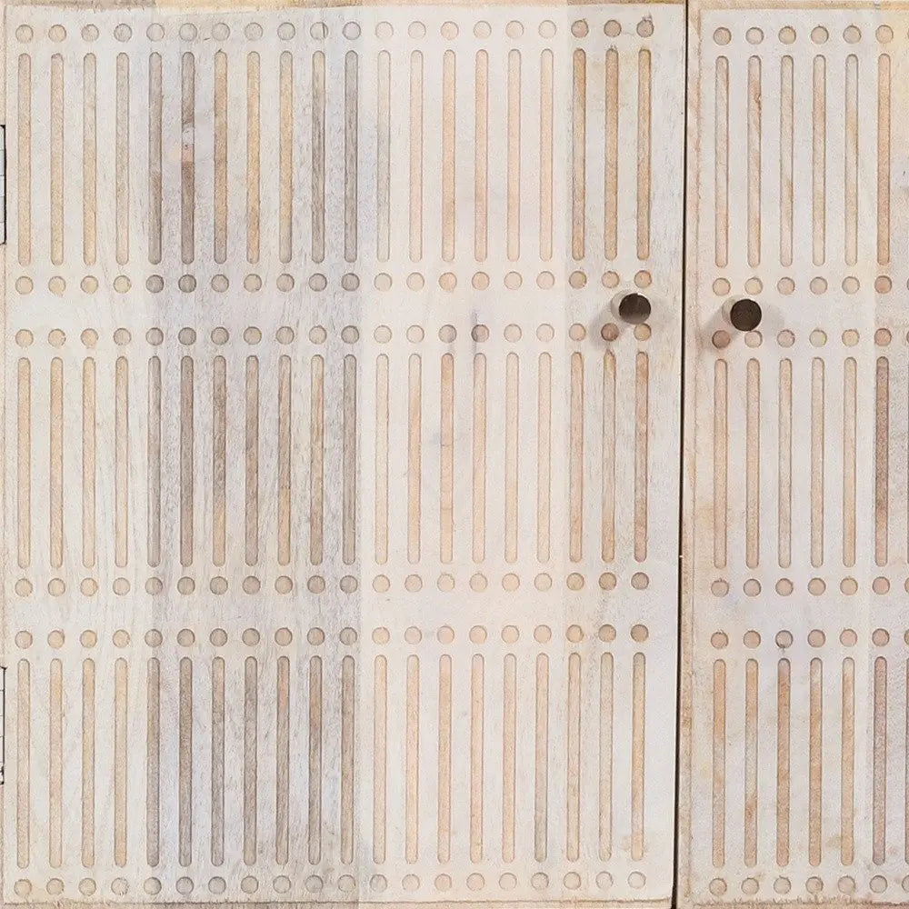 92" Ivory Carved Geometric Distressed Solid Wood Enclosed and Open Storage TV Stand - NOVA HOME FURNITURE