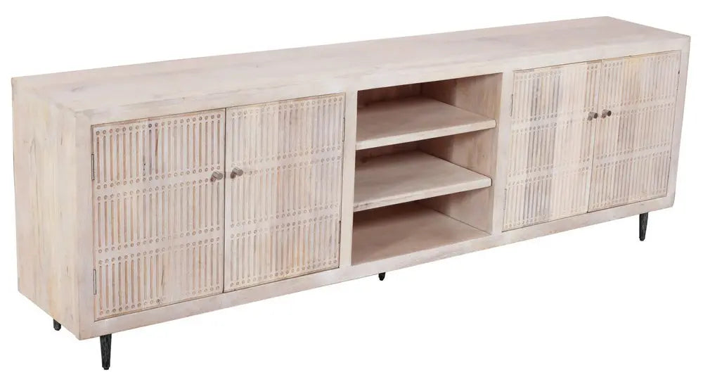 92" Ivory Carved Geometric Distressed Solid Wood Enclosed and Open Storage TV Stand - NOVA HOME FURNITURE