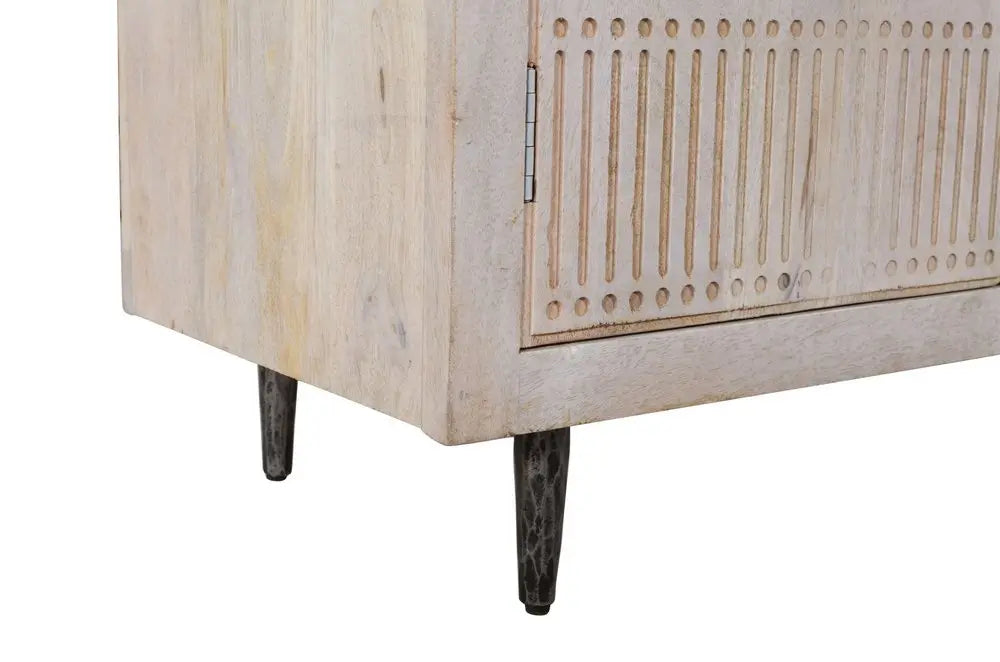 92" Ivory Carved Geometric Distressed Solid Wood Enclosed and Open Storage TV Stand - NOVA HOME FURNITURE