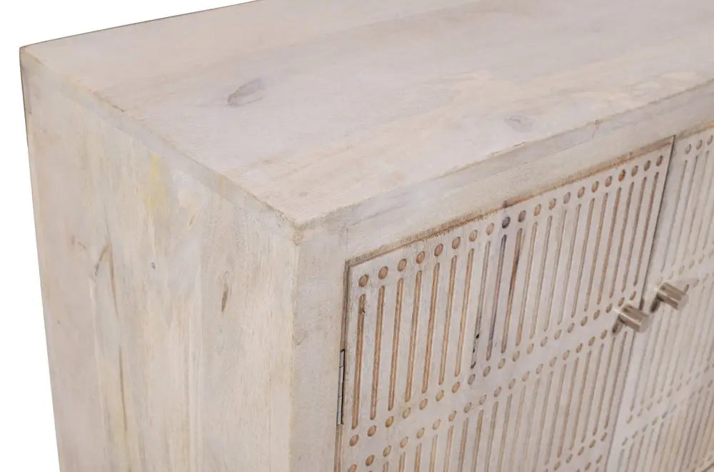 92" Ivory Carved Geometric Distressed Solid Wood Enclosed and Open Storage TV Stand - NOVA HOME FURNITURE