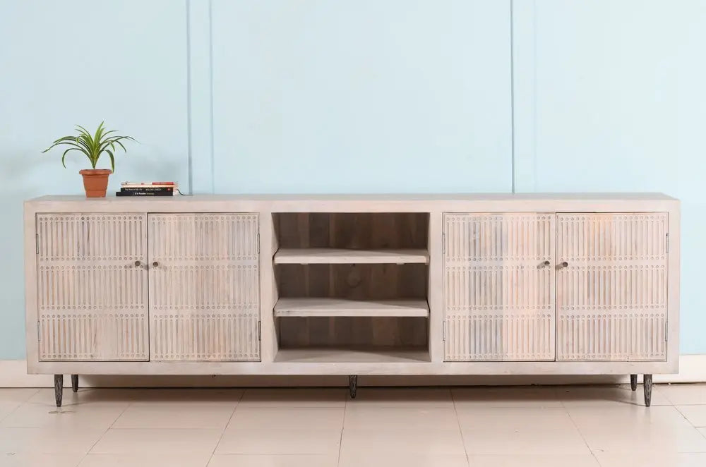 92" Ivory Carved Geometric Distressed Solid Wood Enclosed and Open Storage TV Stand - NOVA HOME FURNITURE