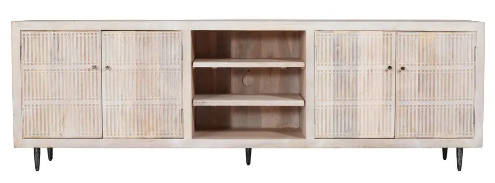92" Ivory Carved Geometric Distressed Solid Wood Enclosed and Open Storage TV Stand - NOVA HOME FURNITURE