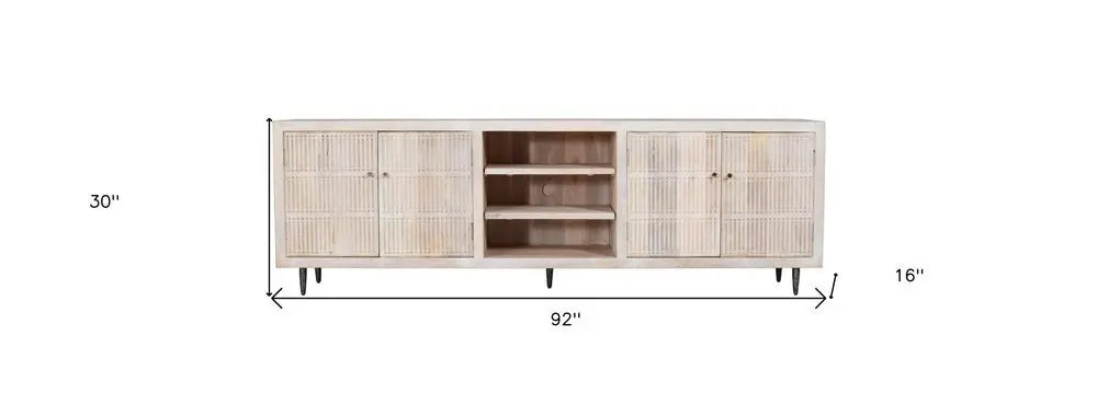 92" Ivory Carved Geometric Distressed Solid Wood Enclosed and Open Storage TV Stand - NOVA HOME FURNITURE