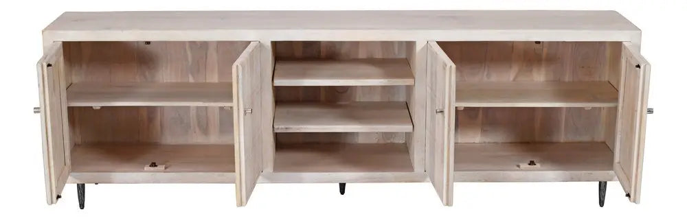 92" Ivory Carved Geometric Distressed Solid Wood Enclosed and Open Storage TV Stand - NOVA HOME FURNITURE