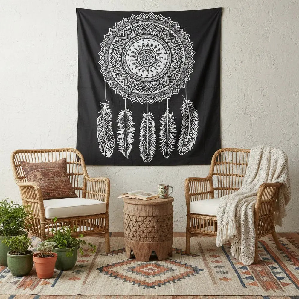 92" X 84" Black And White Abstract Cotton Hanging Tapestry - NOBLE HOME INTERIORS