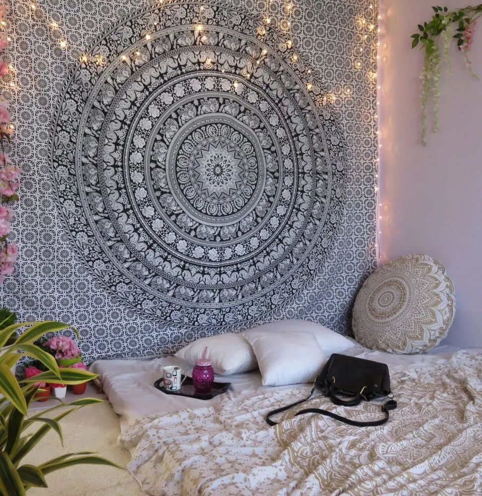 92" X 84" Black And White Mandala Cotton Hanging Tapestry - NOBLE HOME INTERIORS