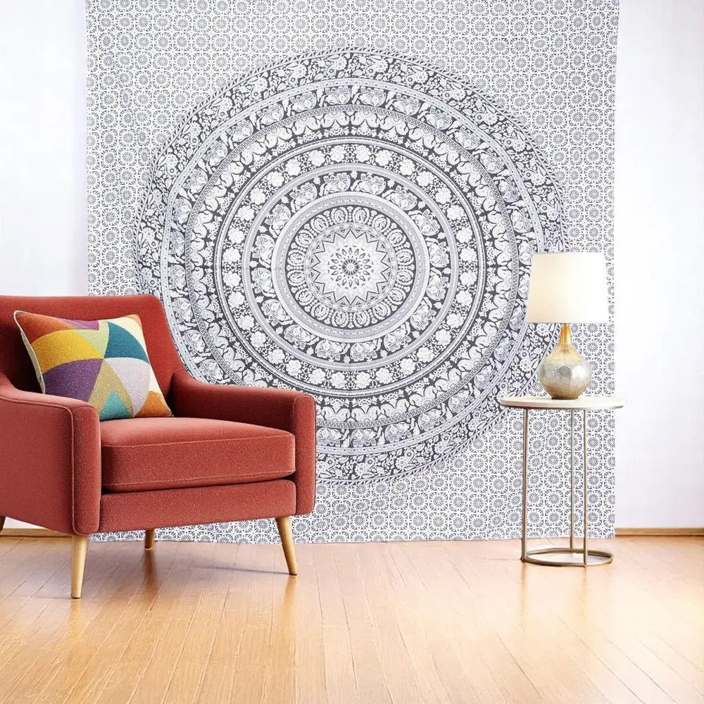 92" X 84" Black And White Mandala Cotton Hanging Tapestry - NOBLE HOME INTERIORS