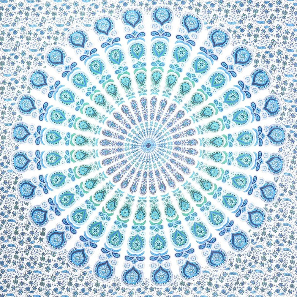 92" X 84" Blue Green And White Mandala Cotton Hanging Tapestry - NOBLE HOME INTERIORS
