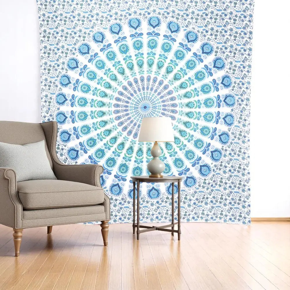 92" X 84" Blue Green And White Mandala Cotton Hanging Tapestry - NOBLE HOME INTERIORS