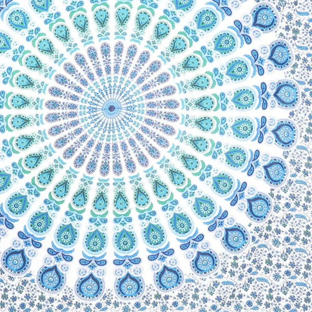 92" X 84" Blue Green And White Mandala Cotton Hanging Tapestry - NOBLE HOME INTERIORS