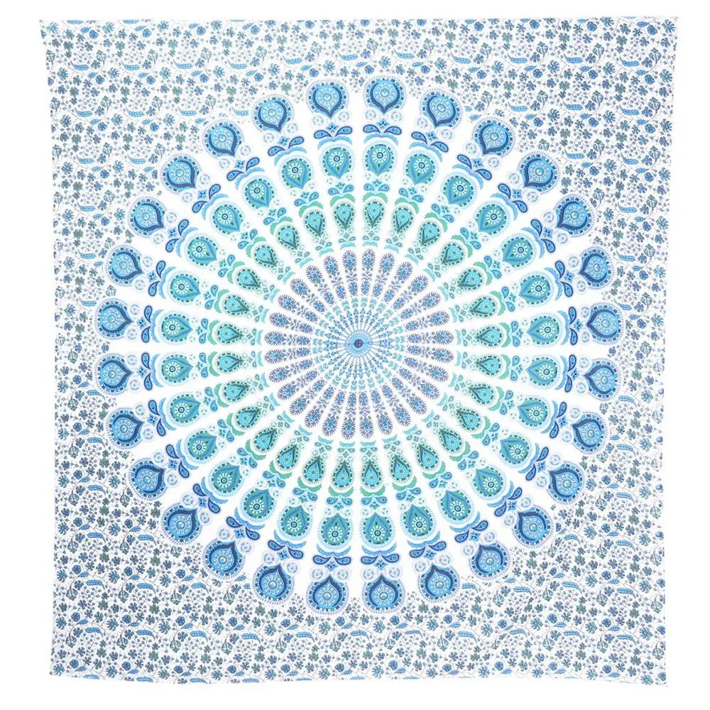 92" X 84" Blue Green And White Mandala Cotton Hanging Tapestry - NOBLE HOME INTERIORS