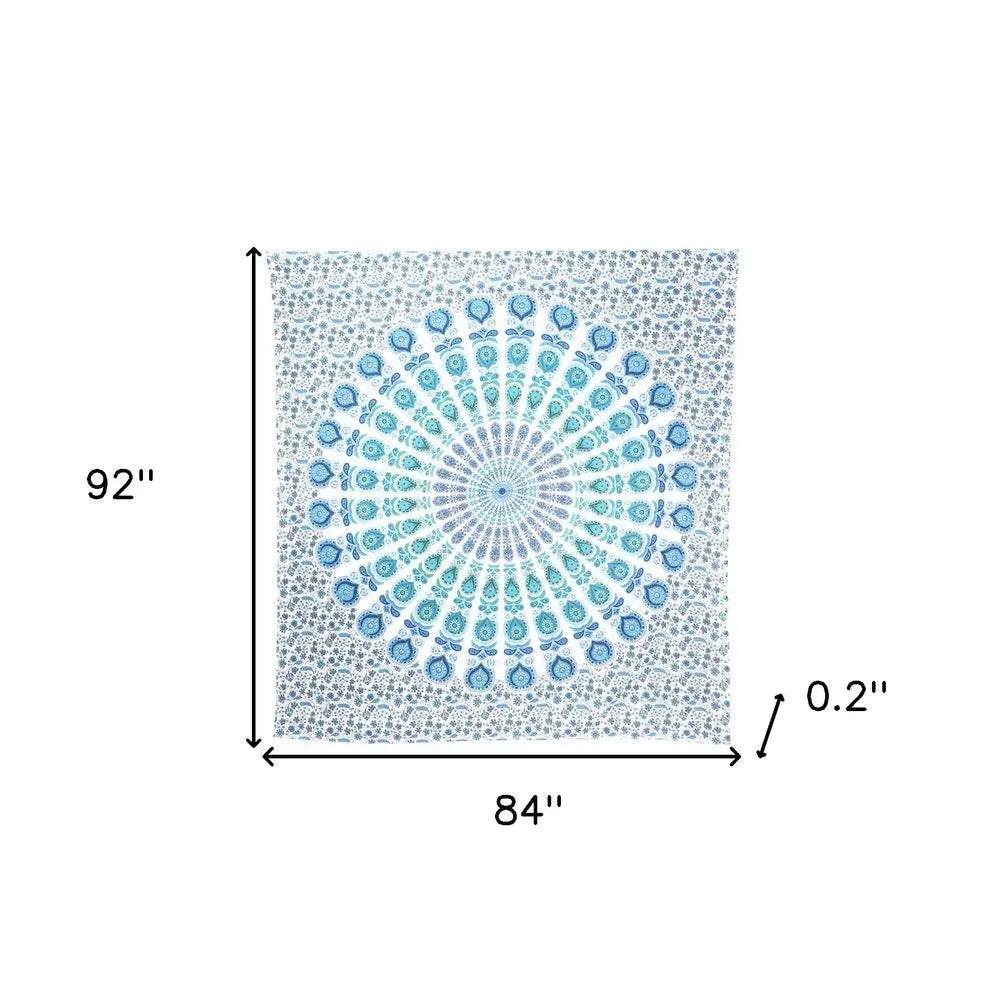 92" X 84" Blue Green And White Mandala Cotton Hanging Tapestry - NOBLE HOME INTERIORS