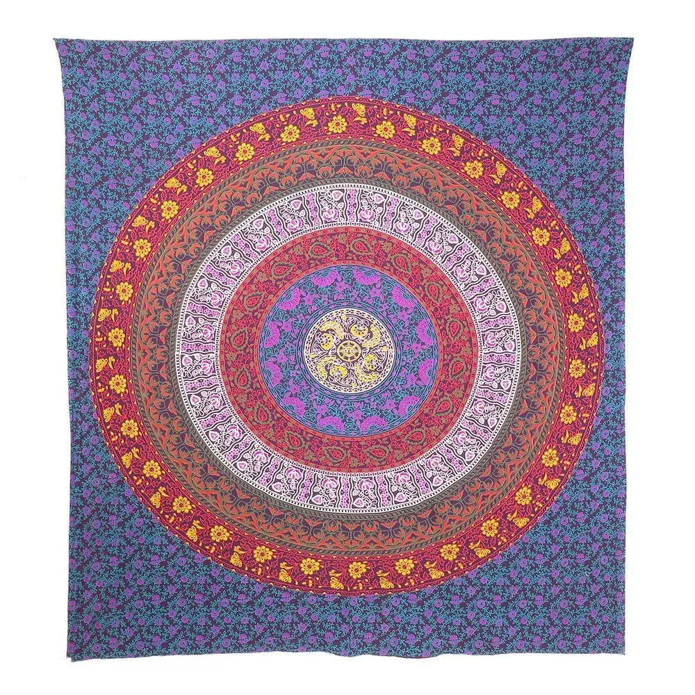 92" X 84" Blue Red And Yellow Mandala Cotton Hanging Tapestry - NOBLE HOME INTERIORS