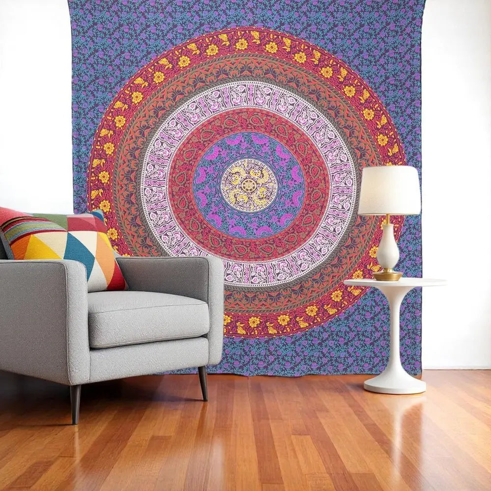 92" X 84" Blue Red And Yellow Mandala Cotton Hanging Tapestry - NOBLE HOME INTERIORS