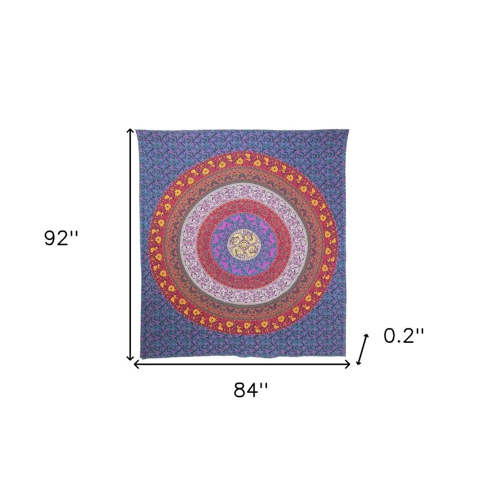 92" X 84" Blue Red And Yellow Mandala Cotton Hanging Tapestry - NOBLE HOME INTERIORS